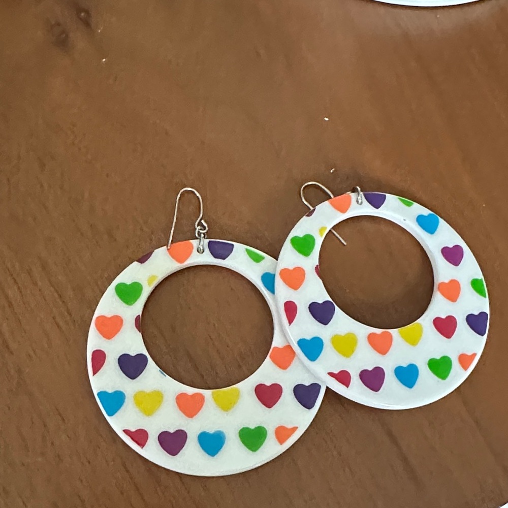 Colorful Heart Hoop Earrings - Rainbow Hearts on White